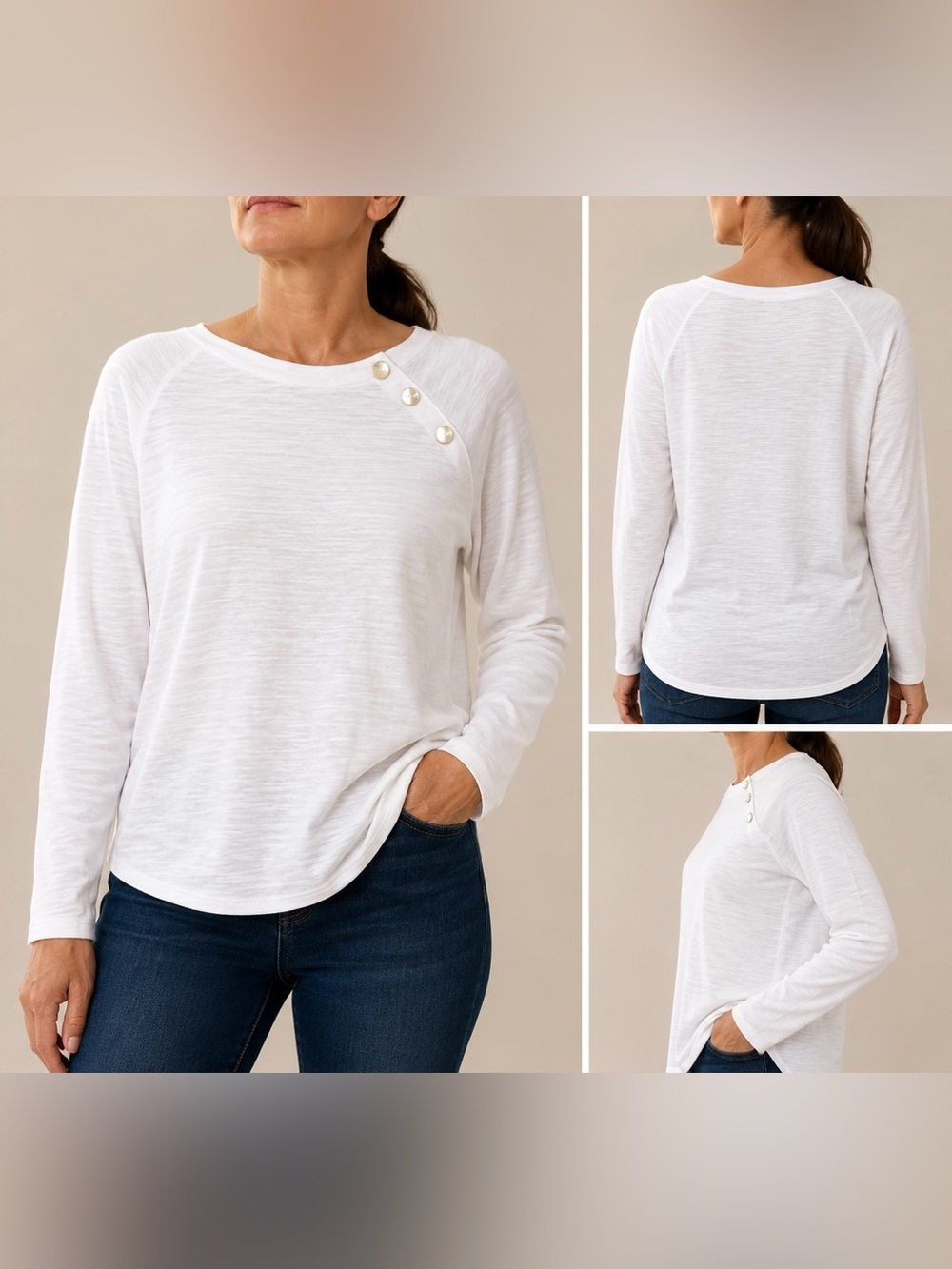 LOFT White Long Sleeve Slub Knit Top with Shoulder Buttons